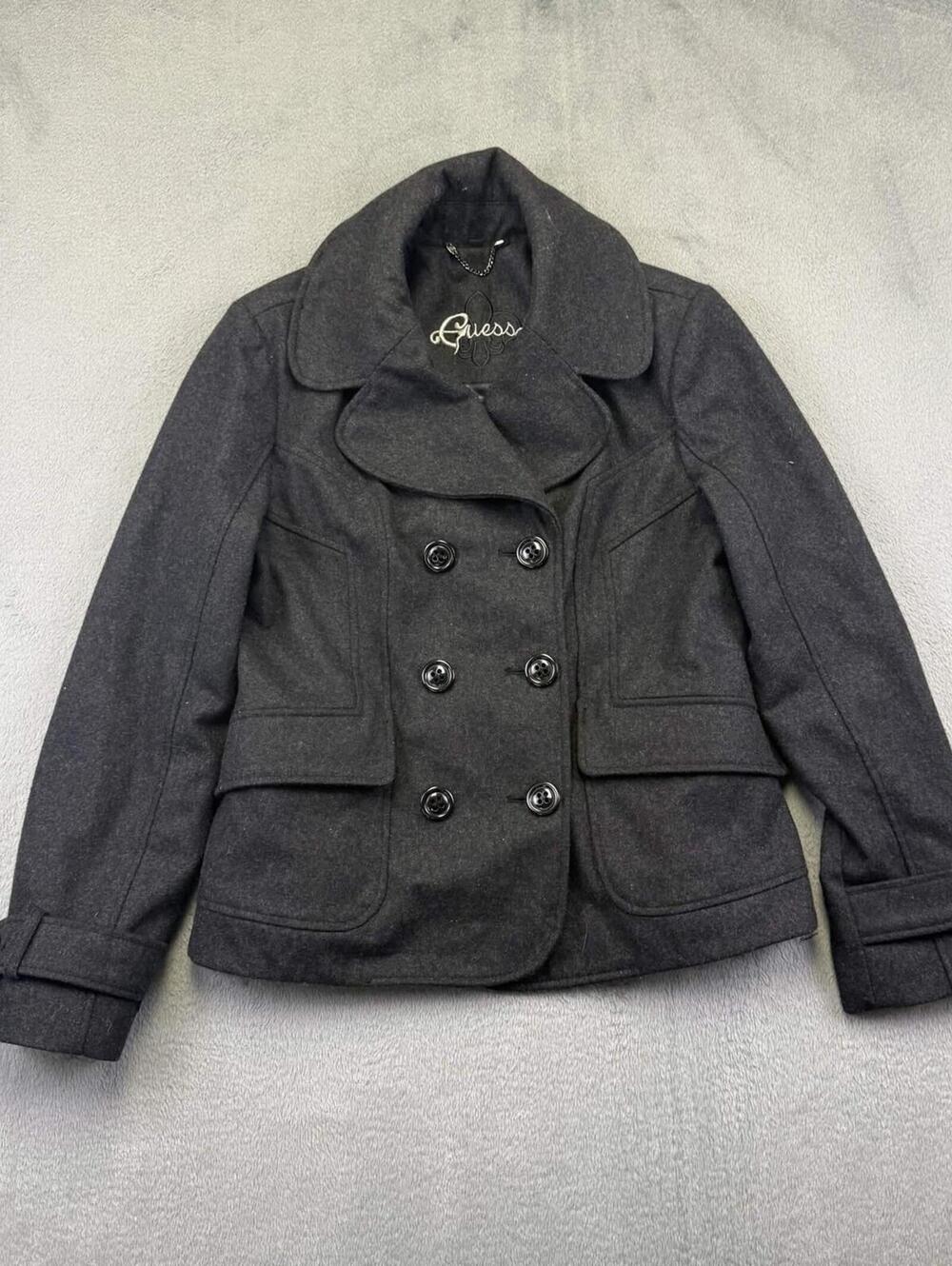 GUESS Women's Grey Double-Breasted Pea Coat Jacket